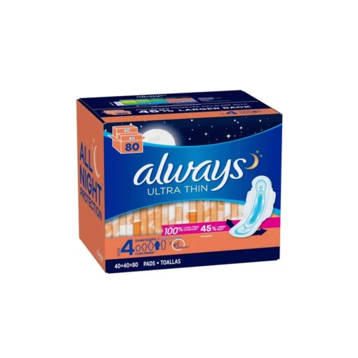 Always Ultra Thin Size 4 Overnight Pads with Wings Unscented (80 Count)