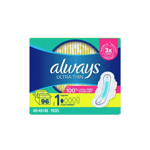 Always Ultra Thin Pads Size 1 Regular Absorbency Unscented with Wings 96 Count