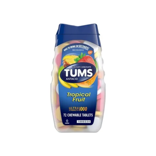 TUMS Antacid Chewable Tablets Ultra Strength for Heartburn Relief Assorted Tropical Fruit 72 Ct